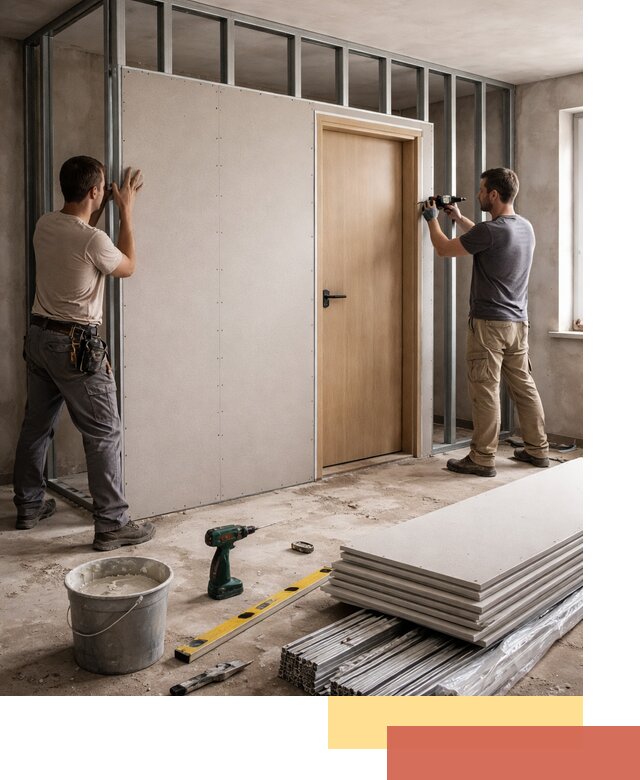 Перегородка из гипсокартона с дверью под ключ в Скопине