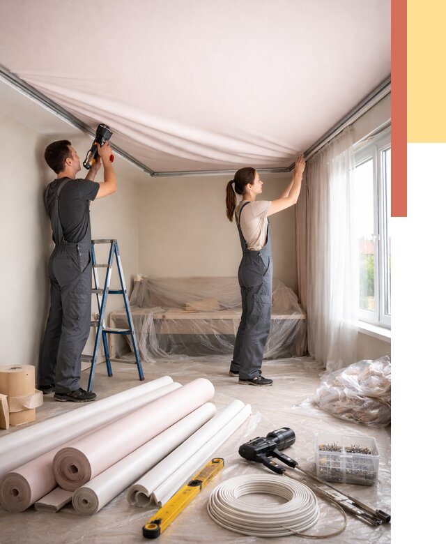 Монтаж цветного натяжного потолка в Скопине от 4377 руб/м² — быстро и недорого | ОТДЕЛОЧНИК-Скп