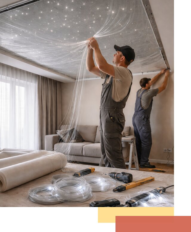 Монтаж натяжного потолка «Звездное небо» в Скопине