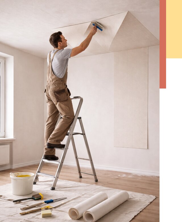 Поклейка обоев на потолок в Скопине от 4689 руб. быстро и недорого | ОТДЕЛОЧНИК-Скп